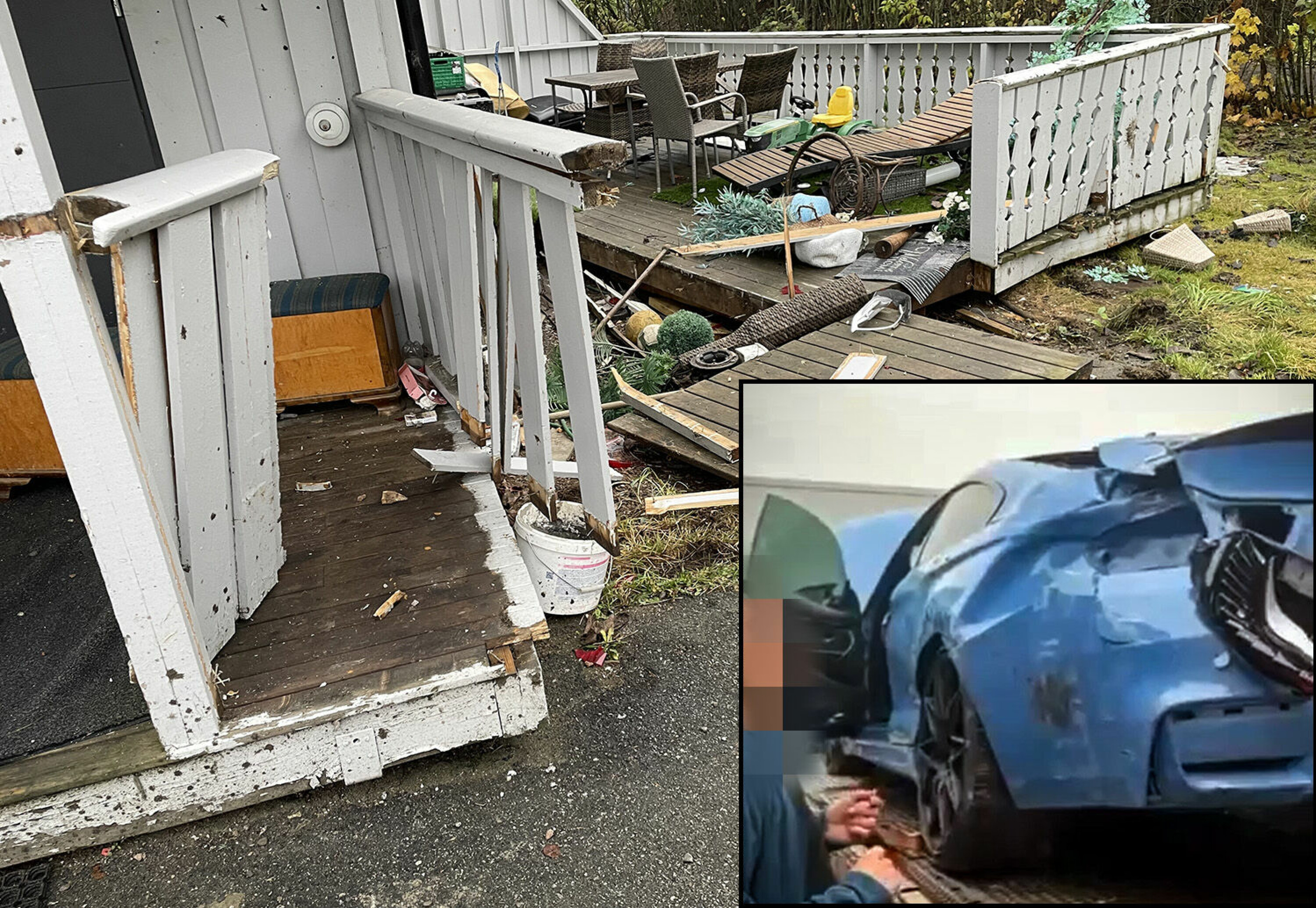 KNUST: Inngangspartiet og verandaen på huset ble fullstendig smadret og flyttet flere meter da en BMW M4 braste inn i gårdsplassen.