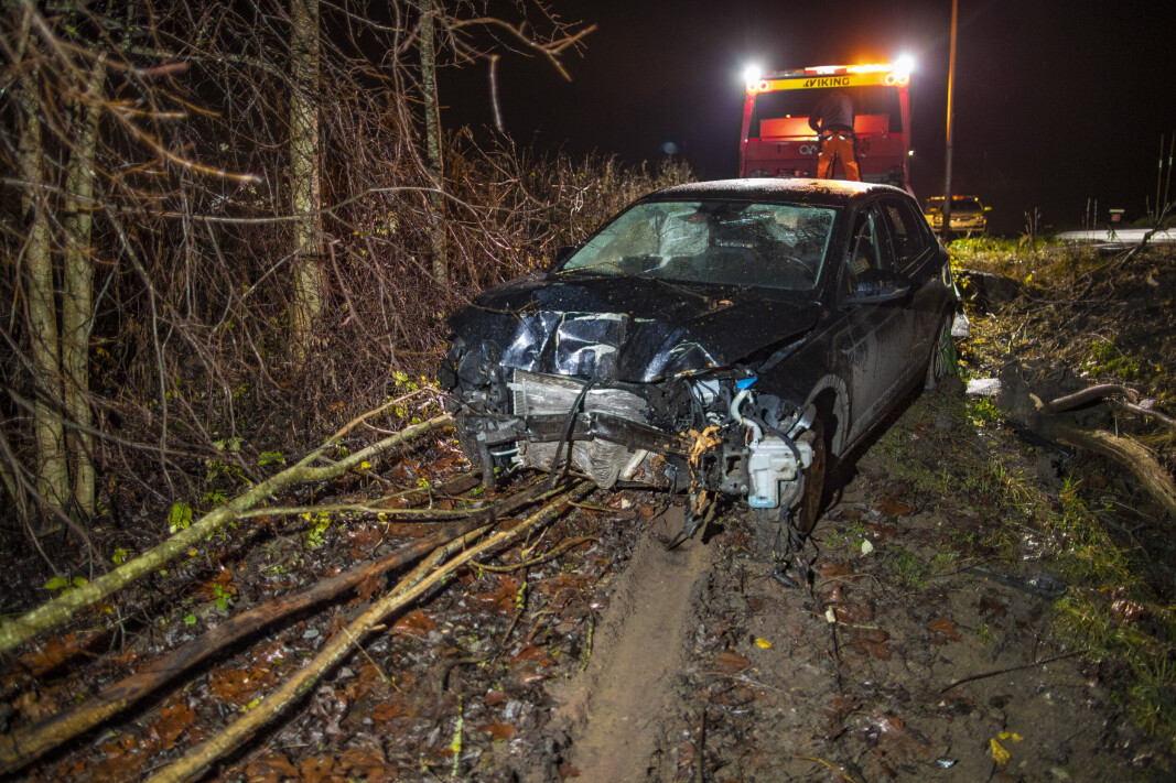LANGT INN I «GRANSKAUEN»: Bilen ble totalvrak etter å ha meid ned et skilt, et autovern og flere trær på sin ferd. LANGT INN I «GRANSKAUEN»: Bilen ble totalvrak etter å ha meid ned et skilt, et autovern og flere trær på sin ferd.