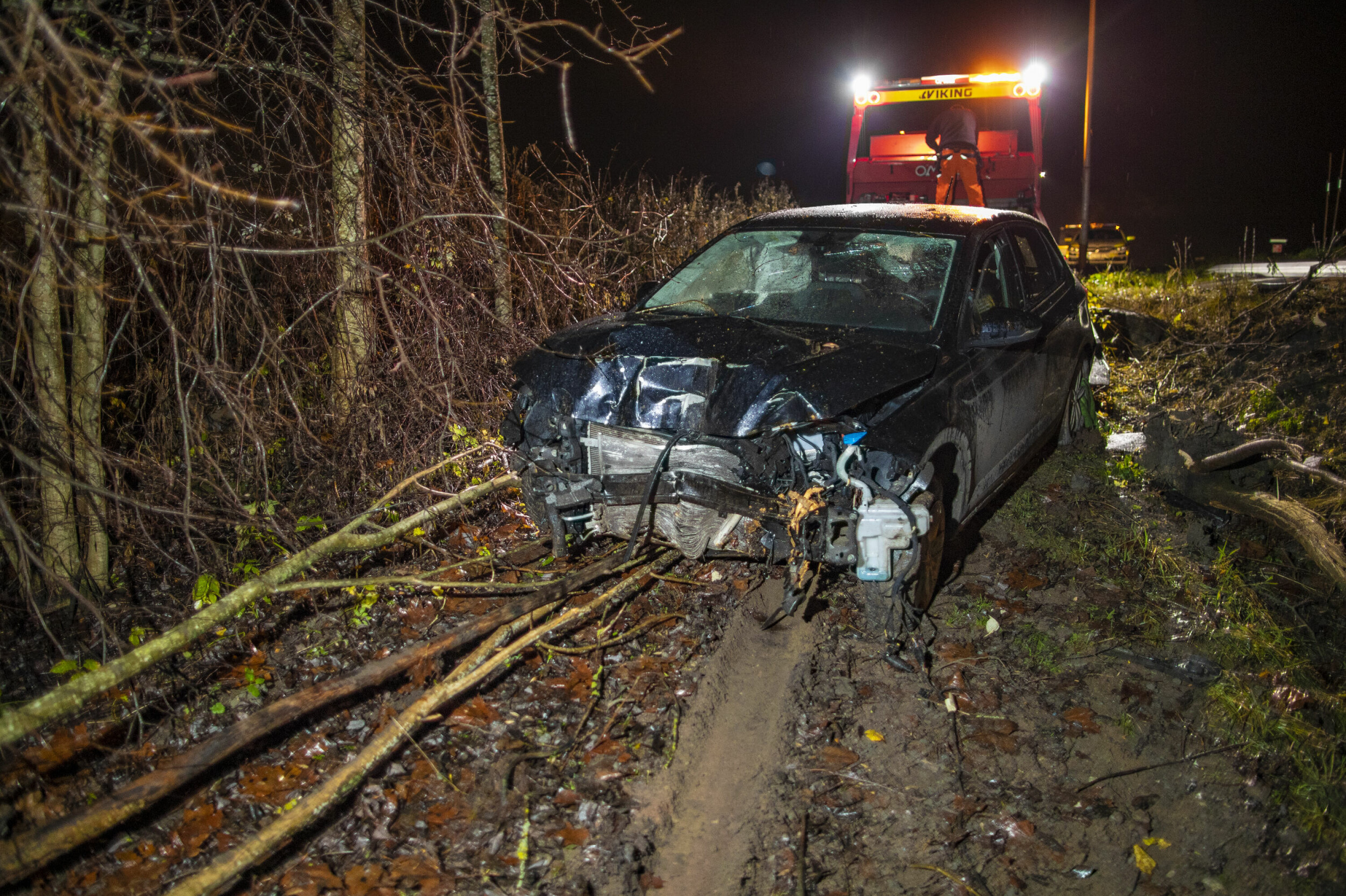 LANGT INN I «GRANSKAUEN»: Bilen ble totalvrak etter å ha meid ned et skilt, et autovern og flere trær på sin ferd.