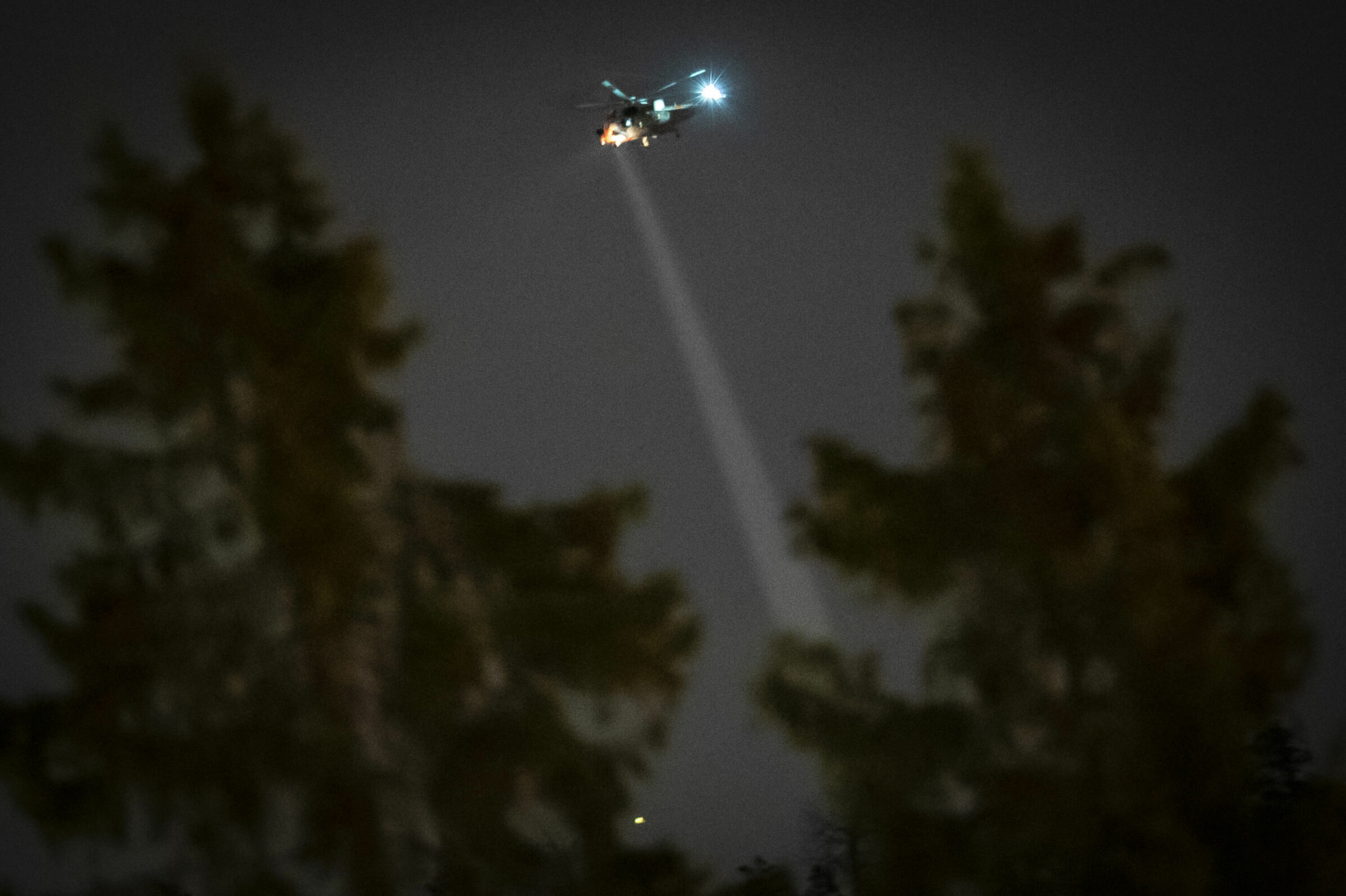 REDDET OPP: Vedkommende ble heist opp i redningshelikopteret fra skogen.