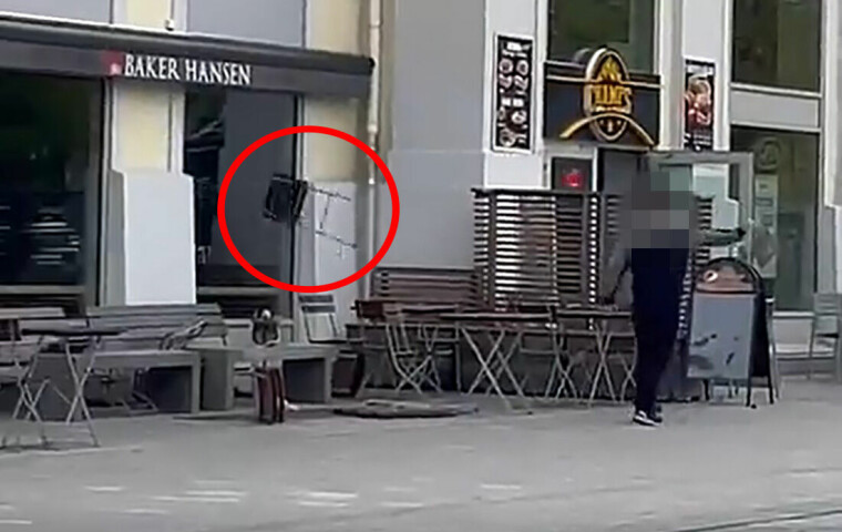 VILLE KNUSE VINDUER: En video DRM24 har fått tilsendt fra folk som observerte opptrinnet viser at mannen kastet minst to stoler i vinduene og fasaden på spisestedet.
