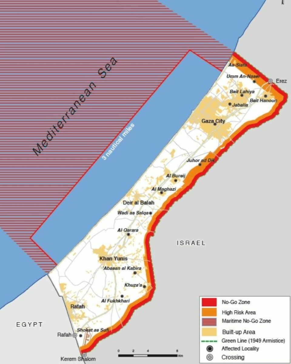 Kartet viser inngjerdingen av Gaza som Israel har opprettet, med Fare-sone og No-go sone på land, og No-go sone utenfor kysten. Palestinere og andre som prøver å krysse buffersonen, risikerer å bli skutt av israelske vaktposter. (Kilde: FN)