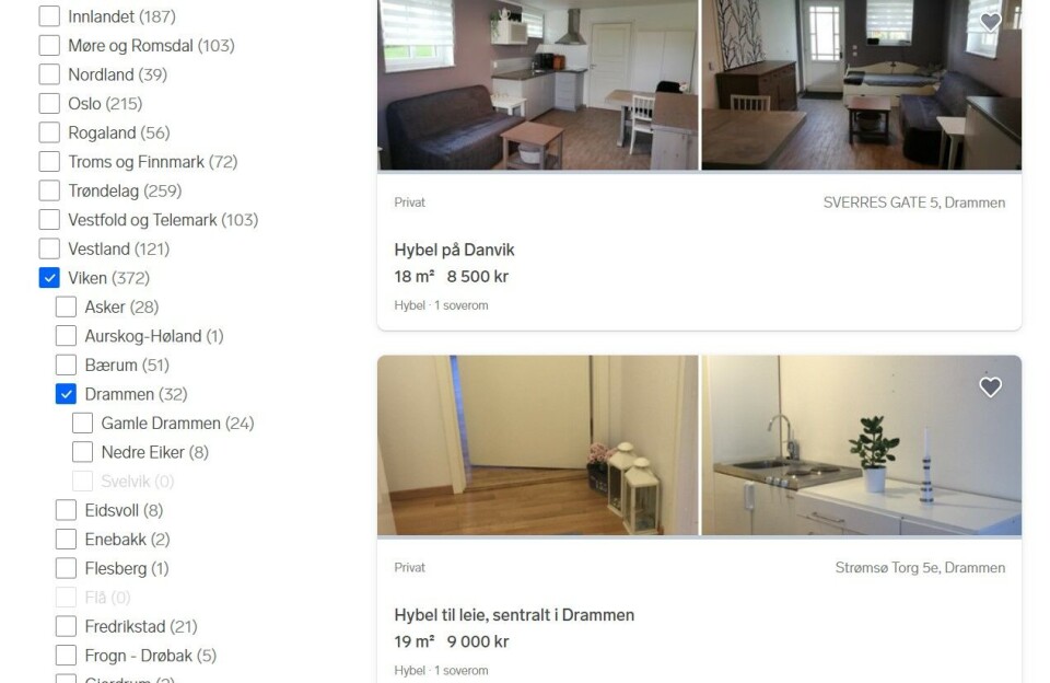 HØYE PRISER: Et kjapt søk viser at du må ut med 8-9 tusen kroner i måneden og oppover for selv de minste hyblene i Drammen. Flere hybler priser på over 13.000 kroner i måneden.