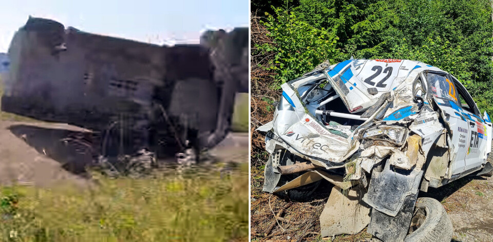 TOTALVRAK: Larsen Motorsports VW Polo GTi R5 gikk kast i kast så vrakdelene sprutet i den dramatiske krasjen.