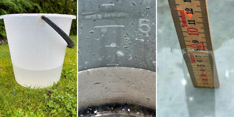 En vanlig ti-litersbøtte samlet 2,9 liter eller ganske nøyaktig åtte centimeter vann. Omregnet til mm/kvadratmeter, 59mm nedbør.