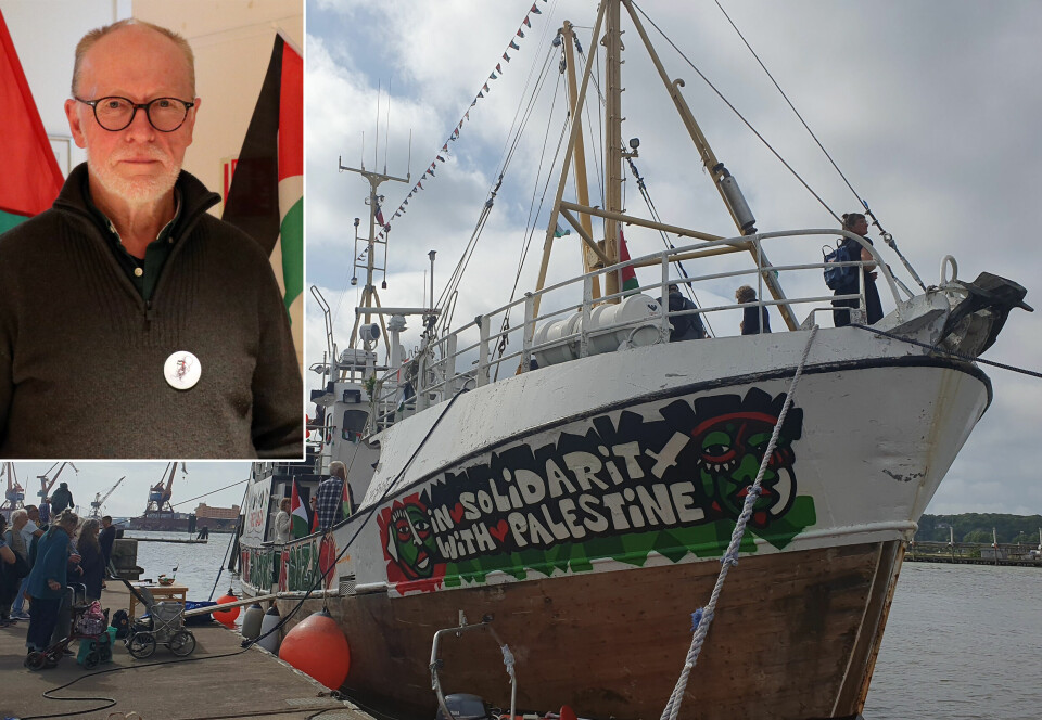 PÅ NYTT GAZA-TOKT: Arne Birger Heli, Gaza-aktivist og nestleder i Palestinakomiteen i Buskerud, er sentral i nytt forsøk på å skaffe nødhjelp til Gaza sjøveien - her med-båten «Handala», en tidligere fiskebåt fra Lofoten, som har vært på solidaritetstokt i Europa i sommer.