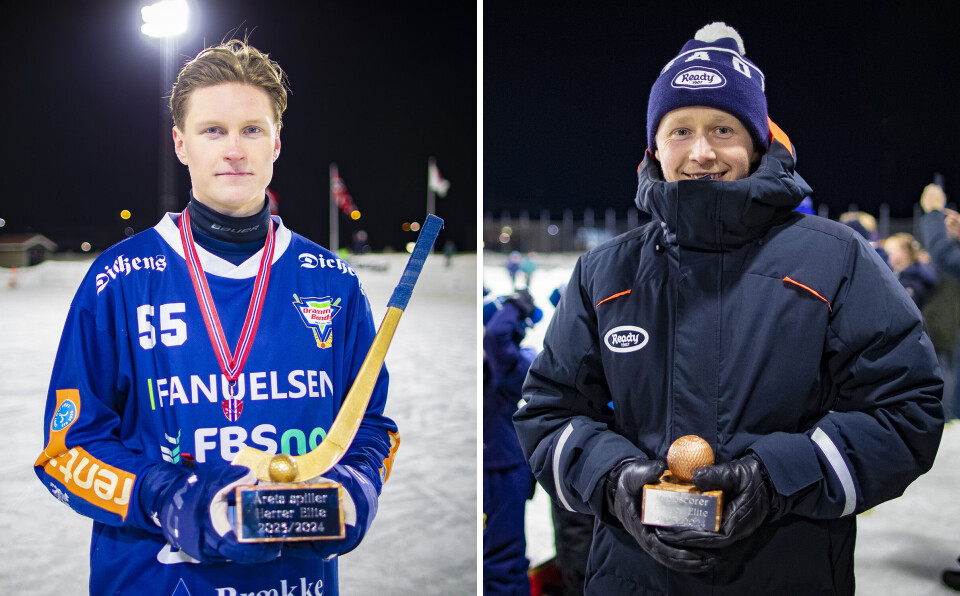 ÅRETS SPILLER OG TOPPSCORER: Marius Mørch Andersen (Drammen Bandy) og Gustav Eriksson (Ready) etter å ha mottatt sine respekter trofeér.