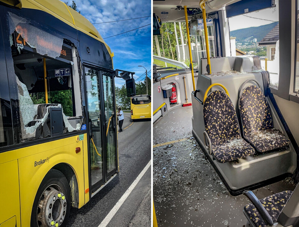 KNUST: Slik så 21-bussen til Tolerud ut etter hendelsen på vei opp Konnerudbakkene tirsdag morgen.