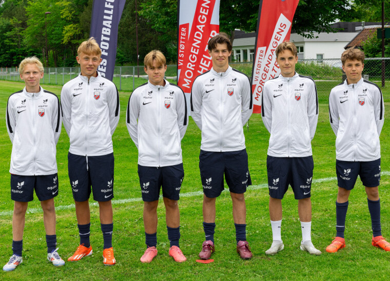 PÅ TRENINGSLEIR: F.v. Eirik Julis Granaas (Mjøndalen), Mats Spiten, Kevin Andre Dæhlin, Marius Østbye Eriksrud, Szymon Bagniuk (SIF) og Max Ardraa (Stoppen) er denne uken på Equinor Talentleir.