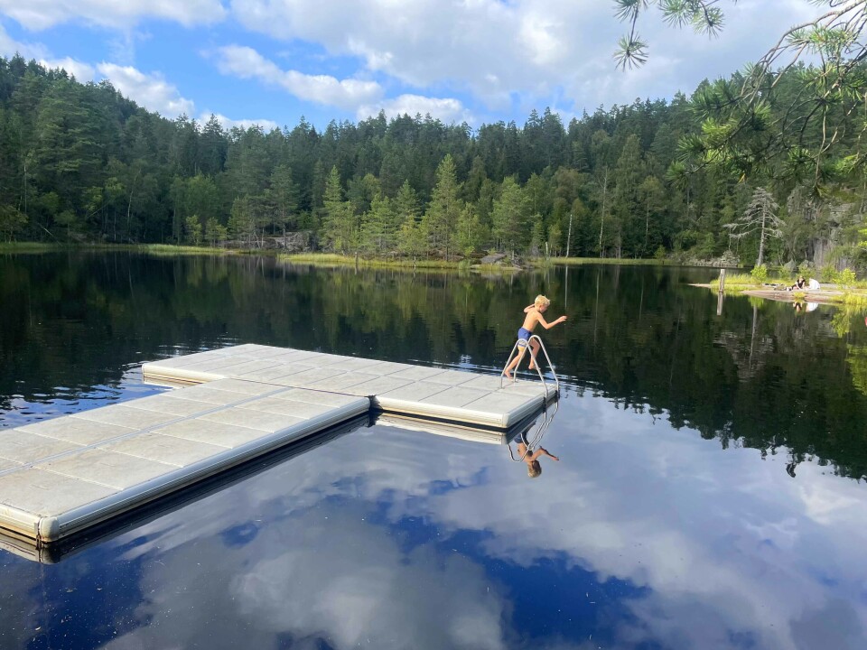 Oppe på Gamledammen kan du ta deg en velfortjent dukkert. Flytebrygga er en gave fra Åssiden KFUM-KFUK til Drammen kommune.