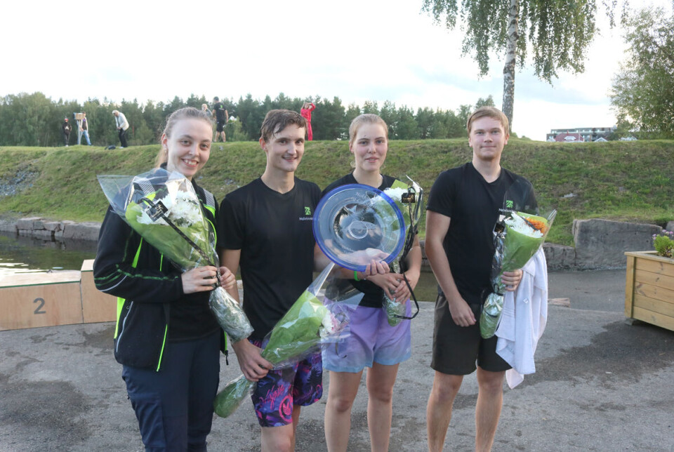 Møbelsnekkernes «Youg Guns» vant med 1,5 sekunder over Arnesen. Her ser vi Sophi, Adrian, Mariell og Andreas.