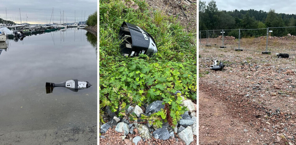 Her ligger delene strødd fra båtmotorer.
