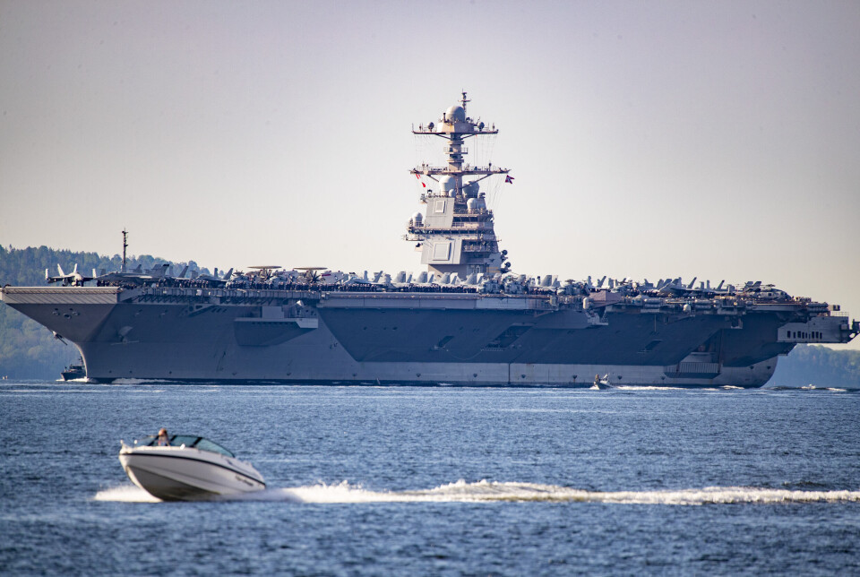 FORRIGE GANG: Slik så det ut da USS Gerald Ford seilte opp Oslofjorden i fjor. Nå gjentar historien seg.