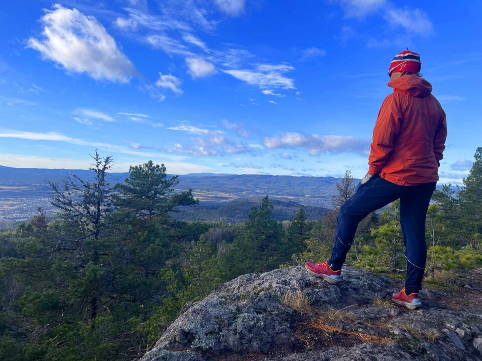 I traktene mellom Røysåsen (441 moh) og Skivåsen (ca. 400 moh) har du praktfull utsikt fler stedre. Her ser Liv Høgli mot Holtefjell med Blefjell i det fjerne.