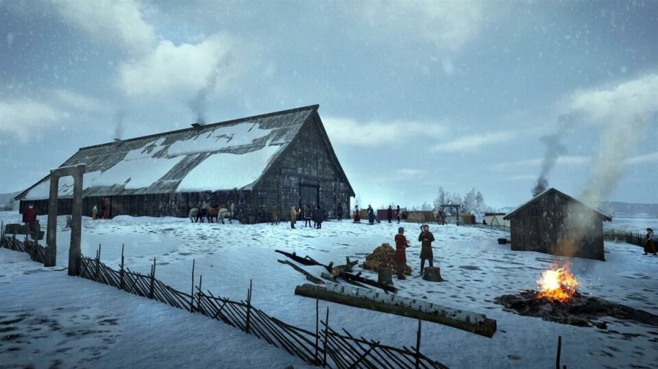 Man antar at det var bratt tak slik at snøen fikk rent av om vinteren. Bygningen til høyre viser størrelsen på vanlige hus som er oppdaget fra samme tidsperioden.