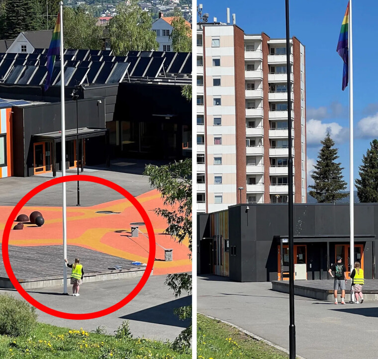 FLAGGVAKT: Fjell skole måtte i fjor ha stående flaggvakt i skolegården da Pride-flagget ble heist for å unngå nye sabotasje-aksjoner etter at flagget tidligere har blitt revet ned gjentatte ganger.