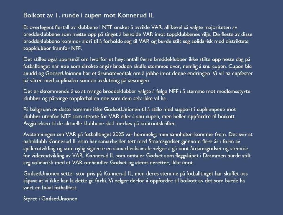 Godsetunionen oppfordrer til boikott av cupfest på Konnerud