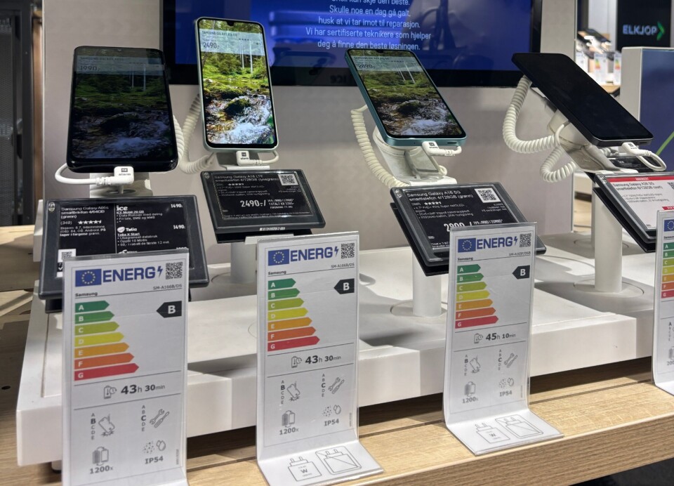 Slik ser den nye merkingen ut. Merk ikoner og score for holdbarhet nederst, i tillegg til den gjenkjennelige energimerkingen.