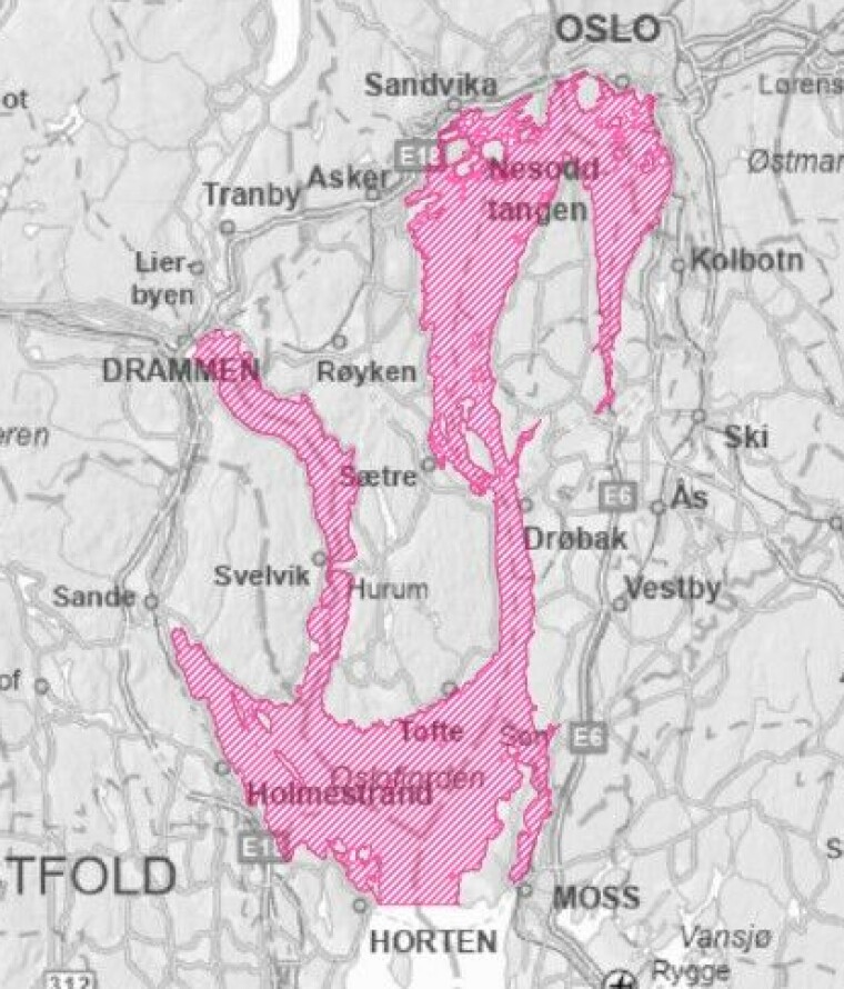 SONER: Områdene merket med rosa, blir det ulovlig å fiske. Det omfatter hele Drammensfjorden, Sandebukta og indre del av Oslofjorden.