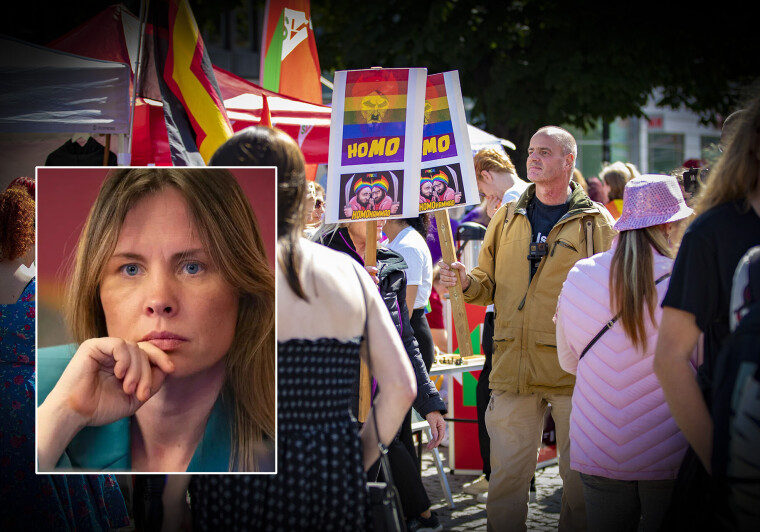 VIL KASTE UT SIAN: MDG-gruppeleder og stortingskandidat Cathrin Janøy. Byen Vår Drammen forteller at de har fulgt politiets klare anbefaling og ikke har anledning til å drive politisk sensur. Bildet er tatt under et uannonsert SIAN-stunt under Pride i Drammen i 2023.