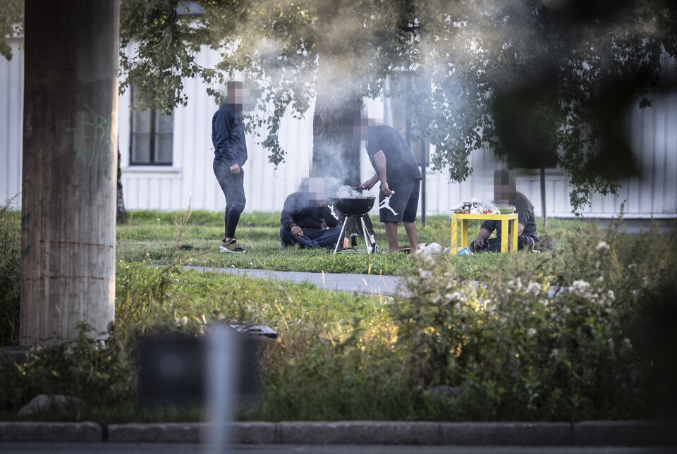 FULL FYR PÅ GRILLEN: En gjeng mannfolk har slått seg til rett med grilling, matos og drikke i parken ved Strømsøbrua fredag kveld. Det er et brudd på det generelle bålforbudet siden det skjer på offentlig grunn.