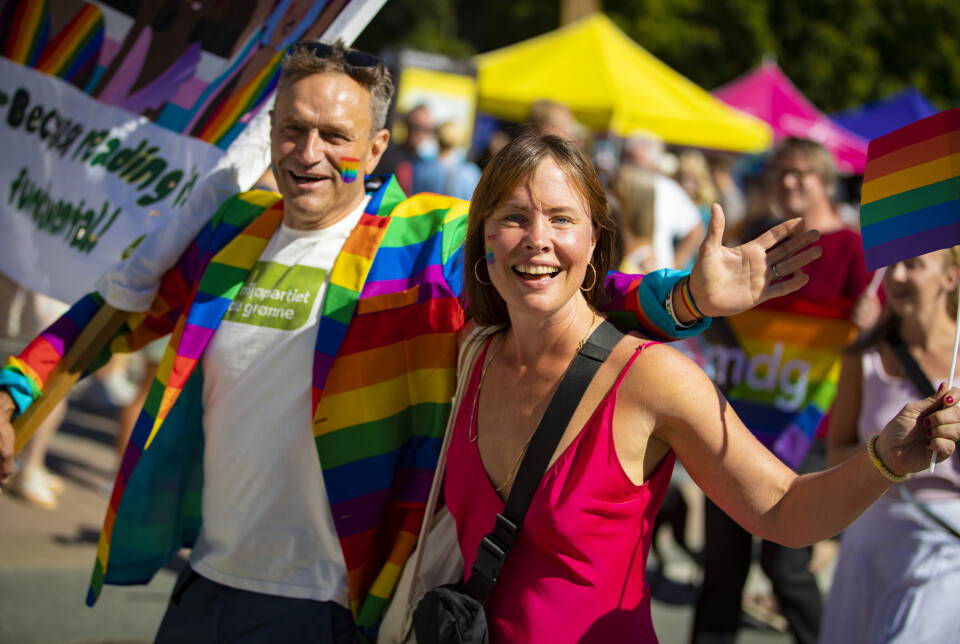 Drammen MDG's Cathrin Janøy og partileder Arild Hermstad i paraden