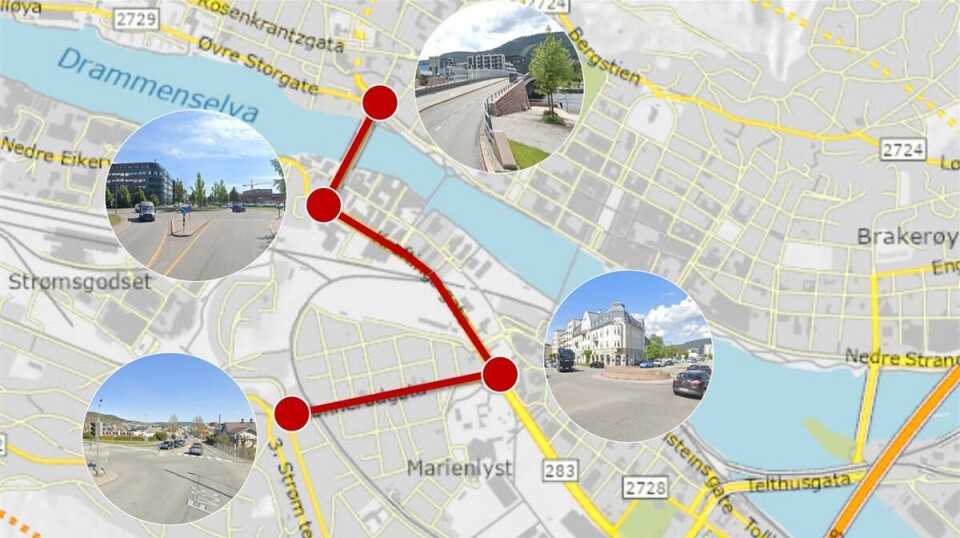 Kart som viser strekningene der det kommer ny asfalt på Strømsø i Drammen.