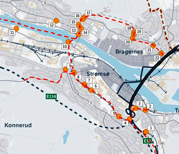 BOM, BOM OG ATTER BOM: Bomringen i Drammen slik som skissert i forrige forslag fra Buskerudbyen, nå ligger en Buskerudbypakke 3 med bomring på tegnebrettet.